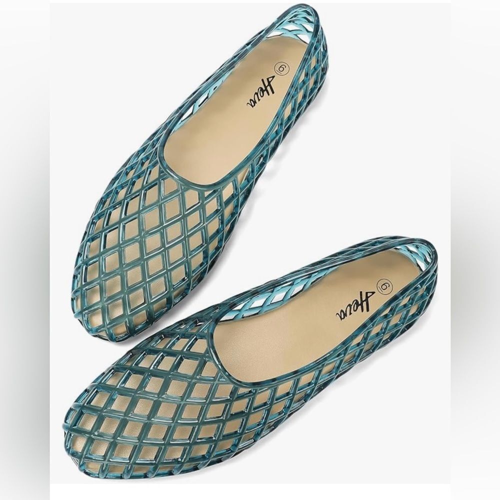 HEVA Women's Jelly Mesh Flats Blue  Breathable Clear Hollow Shoes Summer Beach 9